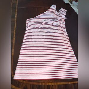 Anthropologie maeve red white stripe one shoulder dress a-line large new nwt